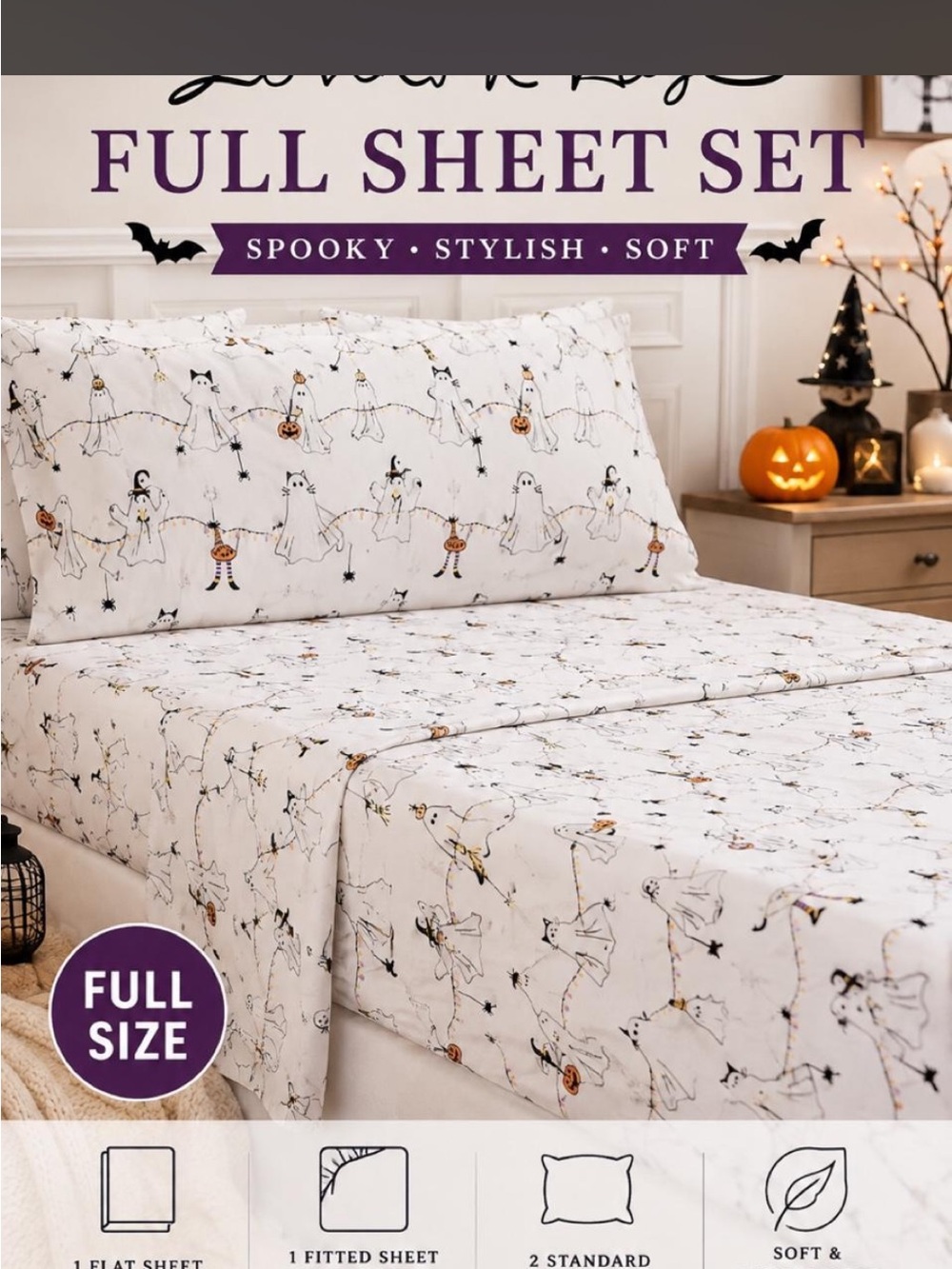 Full Size Halloween Ghosts Sheet Set - White